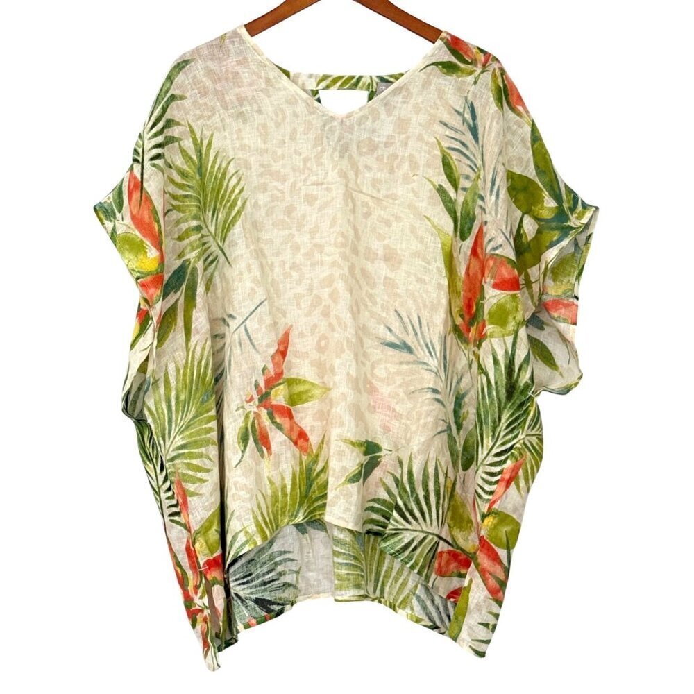 Chico's 100% Linen Top Boxy Lighweight Tropical Animal Print Resort Size L/XL